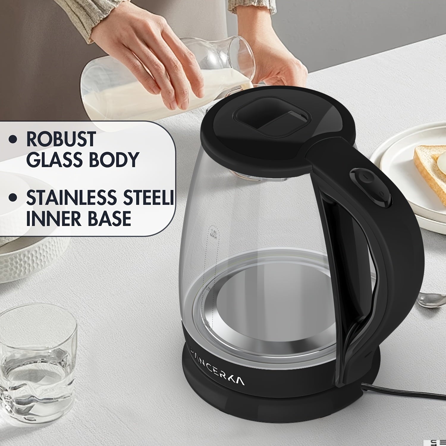 Rapid-Boil 1.8L 1500W Glass Electric Kettle - Stainless Steel, Automatic Shutoff, Black