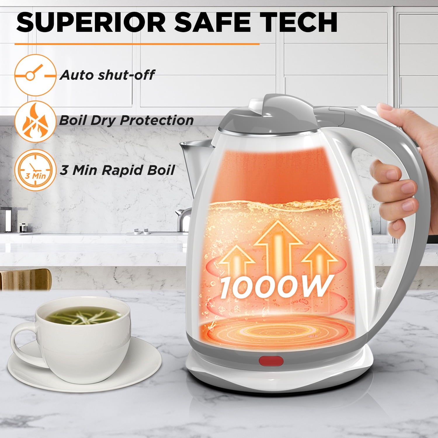 Electric Kettle, 1.8L Tea Kettle for Coffee or Tea, Fast Boiling, Auto Shut-Off, White