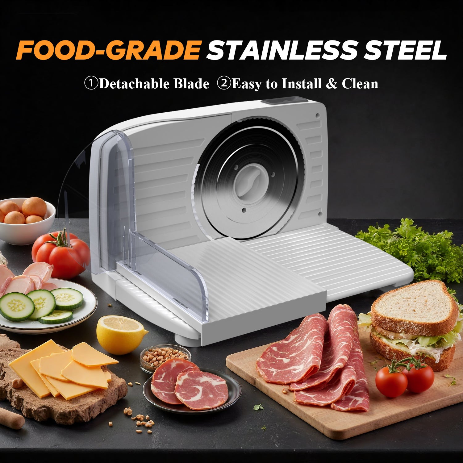 PANCERKA Meat Slicer Machine for Home Use with 2 Removable Stainless Steel Blades, Adjustable Thickness 0-15mm