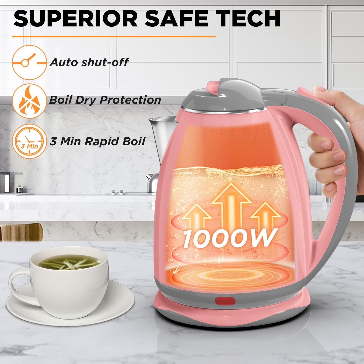 Electric Kettle, 1.8L Tea Kettle for Coffee or Tea, Fast Boiling, Auto Shut-Off, Pink