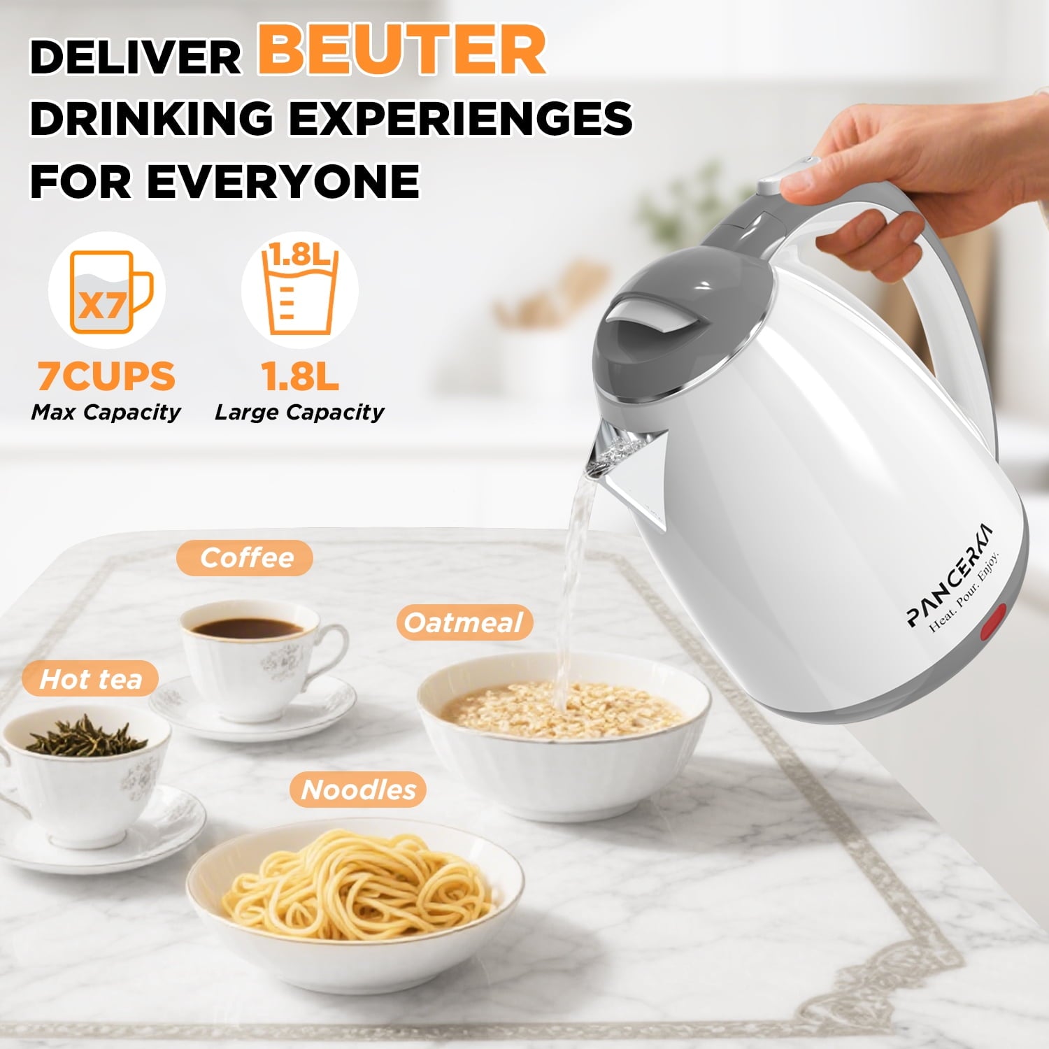 Electric Kettle, 1.8L Tea Kettle for Coffee or Tea, Fast Boiling, Auto Shut-Off, White