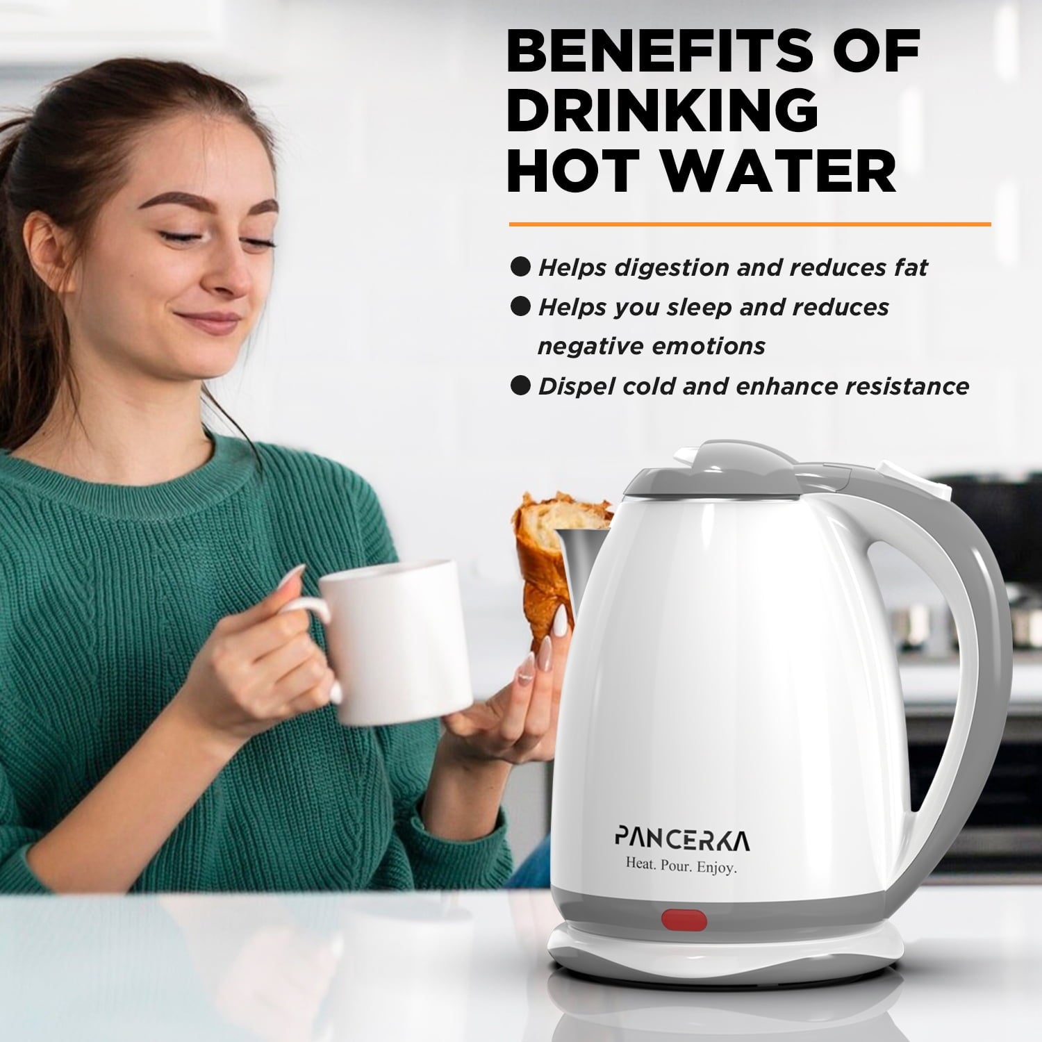 Electric Kettle, 1.8L Tea Kettle for Coffee or Tea, Fast Boiling, Auto Shut-Off, White