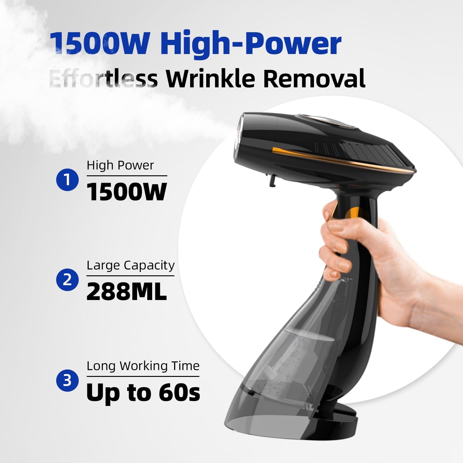 Steamer for Clothes, 1500W Handheld Clothing Steamer for Garment, 168+288ml Big Capacity Steam Iron, for Home, Office