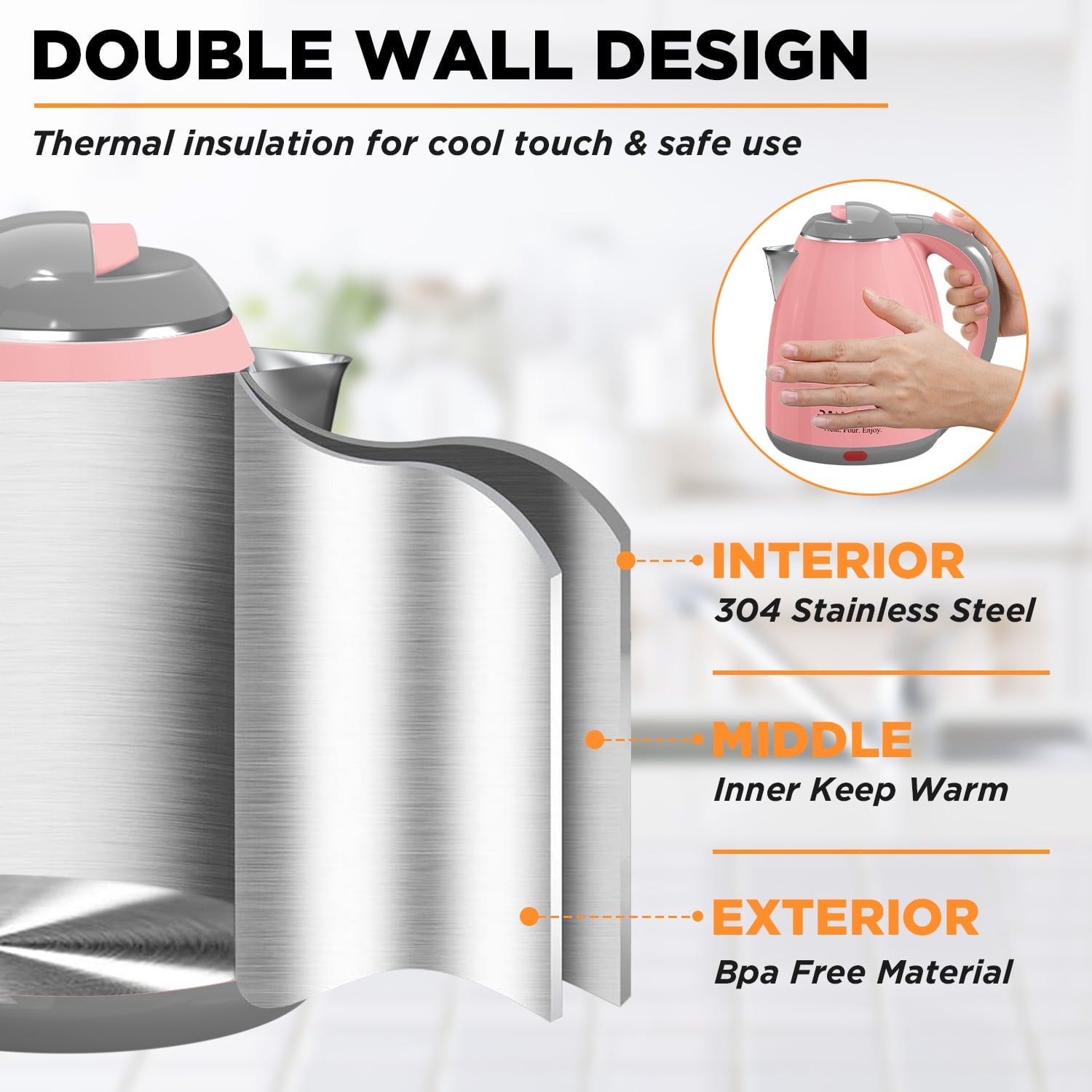 Electric Kettle, 1.8L Tea Kettle for Coffee or Tea, Fast Boiling, Auto Shut-Off, Pink